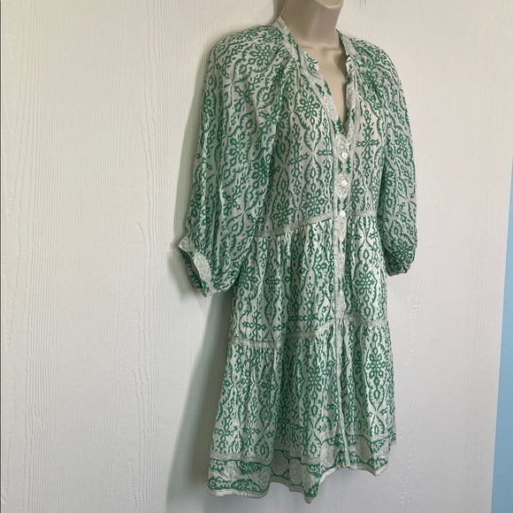 Bell - Clara Green Floral Print  Boho Cotton Silk Button Down Dress Size Small - Picture 3 of 11